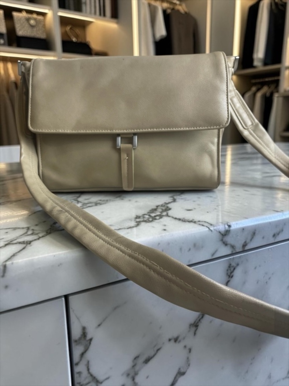 Vintage Studio Works Light Beige Crossbody Bag with Flap Genuine Leather 1990